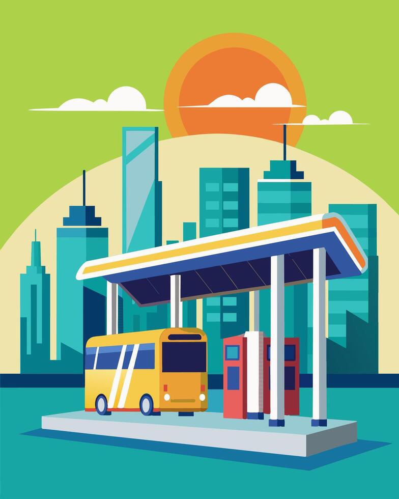 The sleek and modern design of the bus depots charging stations powered by solar panels blends seamlessly with the cityscape.. illustration. vector