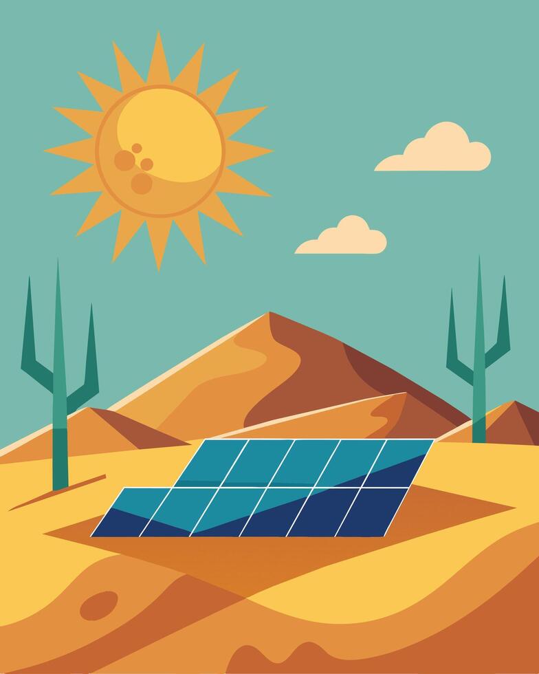 The sun beat down on the desert but instead of causing discomfort it fueled the solar panels that dotted the landscape bringing life to the arid environment.. illustration. vector