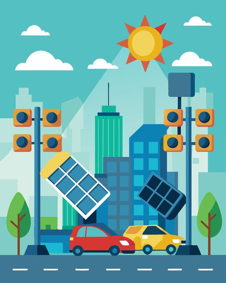 The solarpowered traffic lights in a bustling city center not only regulate traffic but also serve as a reminder of the importance of renewable energy.. illustration. vector