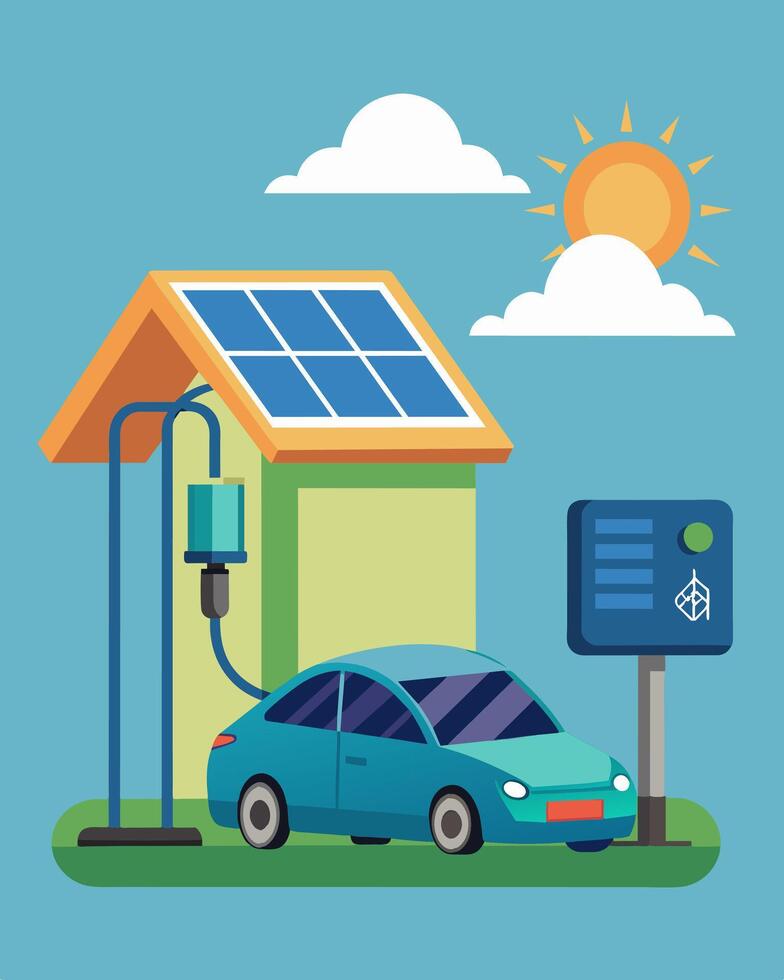 The solar panels of the charging station are made of durable and sustainable materials making it a longlasting and ecofriendly solution for electric car charging.. illustration. vector
