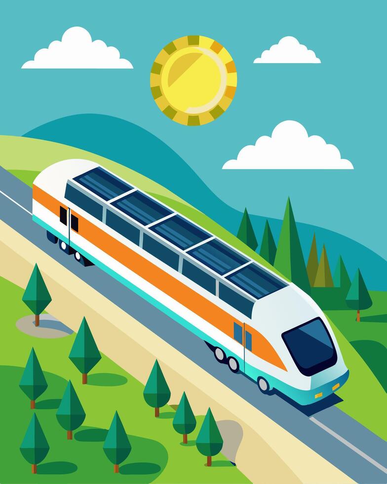 The sleek and modern train cars were designed with solar panels incorporated into their exterior allowing for a more energyefficient ride through the sunsoaked countryside.. vector