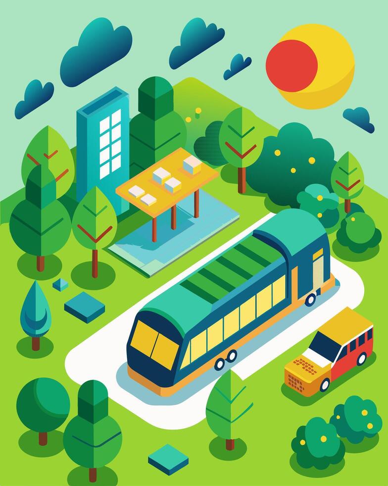 The solarpowered bus depot is aptly located near a large park with its green initiatives promoting a cleaner and greener future for the community.. illustration. vector