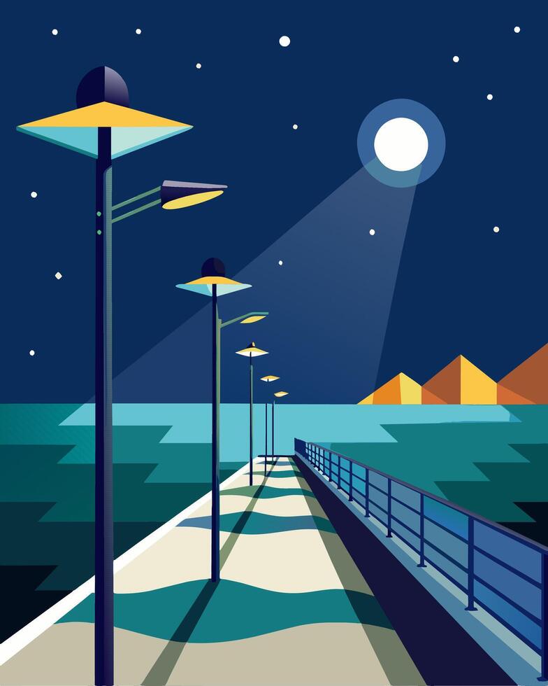 The solarpowered streetlights along the seaside promenade not only provide a stunning view at night but also help protect the local ecosystem by using renewable energy.. vector