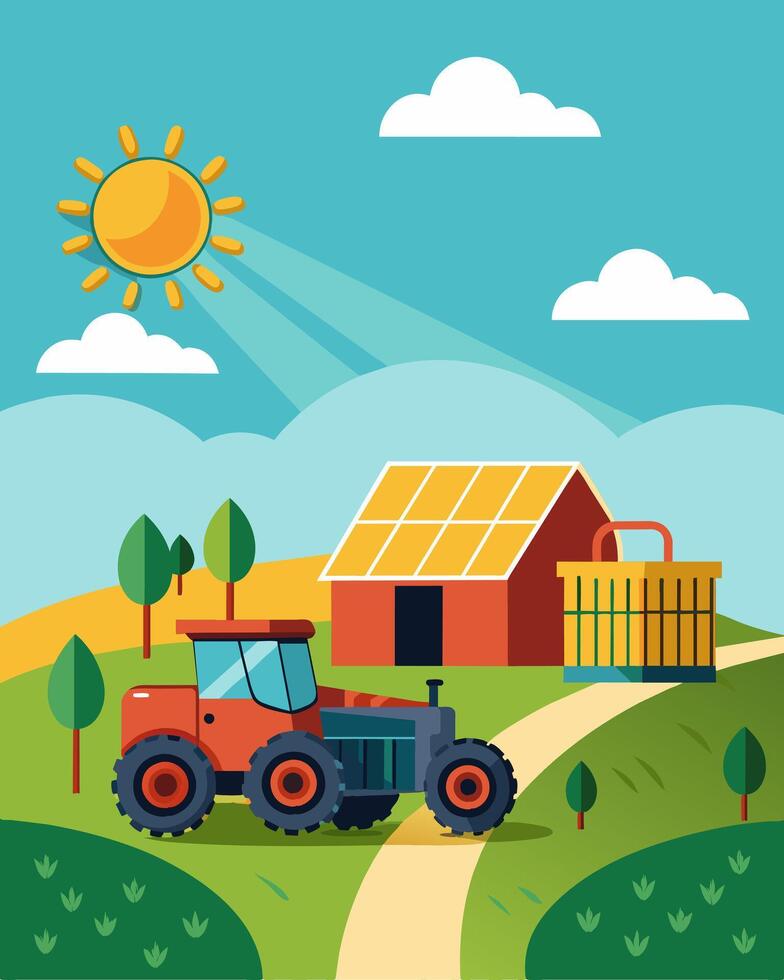 The sound of tractors humming and greenhouse fans whirring is rep by the soft buzzing of solar panels collecting energy at a farm powered entirely by the sun.. illustration. vector