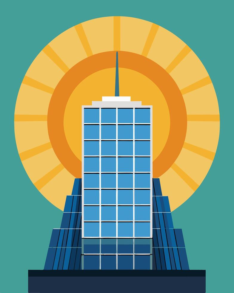 The sun glints off the rows of solar panels adorning a towering skyscraper a testament to the buildings dedication to renewable energy.. illustration. vector
