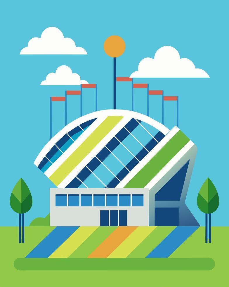 The solar panels on the stadium are not only functional but also serve as a statement of the organizations commitment to sustainability and clean energy.. illustration. vector