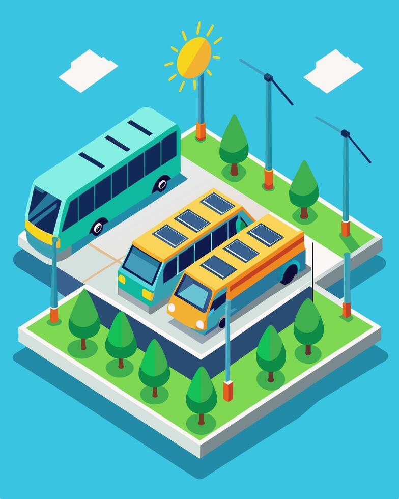 The solarpowered bus depots parking lot doubles as a charging station with numerous solar panels providing electricity to the buses during breaks in their routes.. illustration. vector