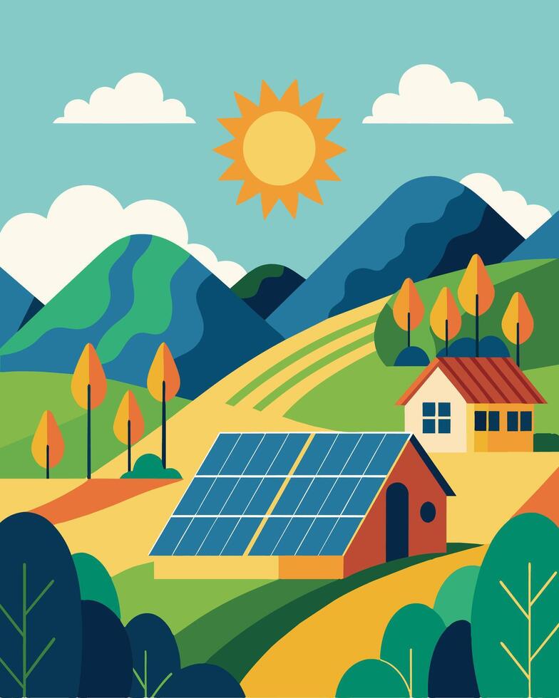 The solar farms contribution to the local economy and environment was evident its presence a welcome addition to the quiet countryside.. illustration. vector