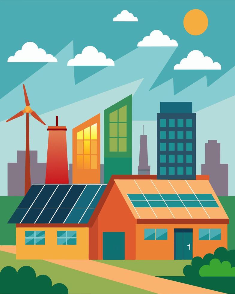 The solarpowered warehouse stood out a the other industrial buildings in the area its commitment to renewable energy visibly apparent to all who passed by.. illustration. vector