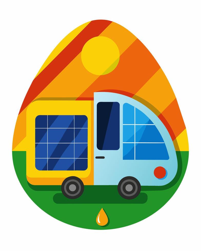 Vibrant adaptable solar panels clinging to the curvature of a teardropshaped camper providing power on the go.. illustration. vector