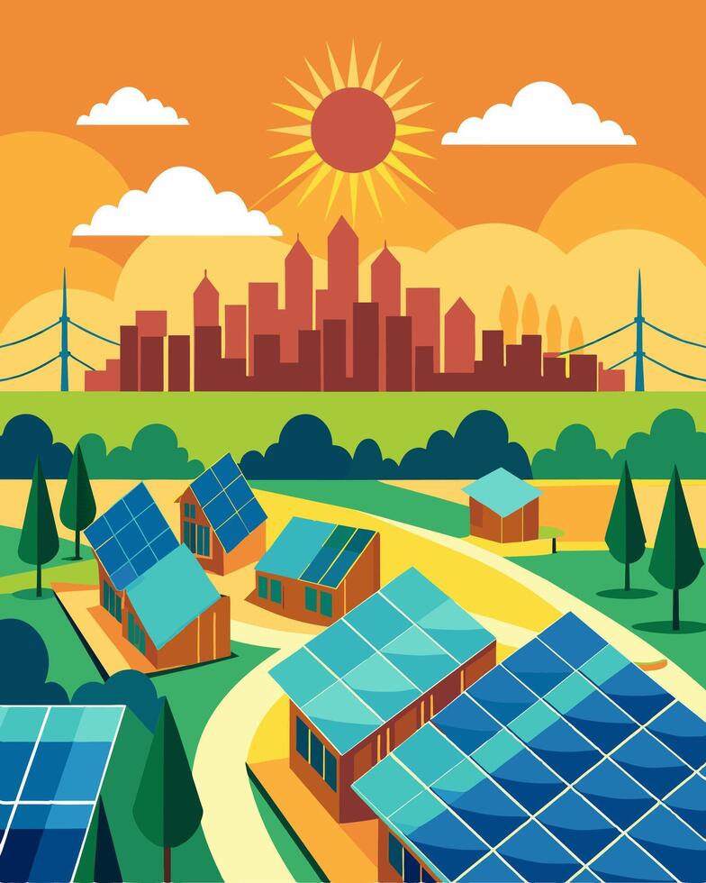 The solar farms location in the rural outskirts was a strategic choice maximizing exposure to sunlight without disrupting urban landscapes.. illustration. vector