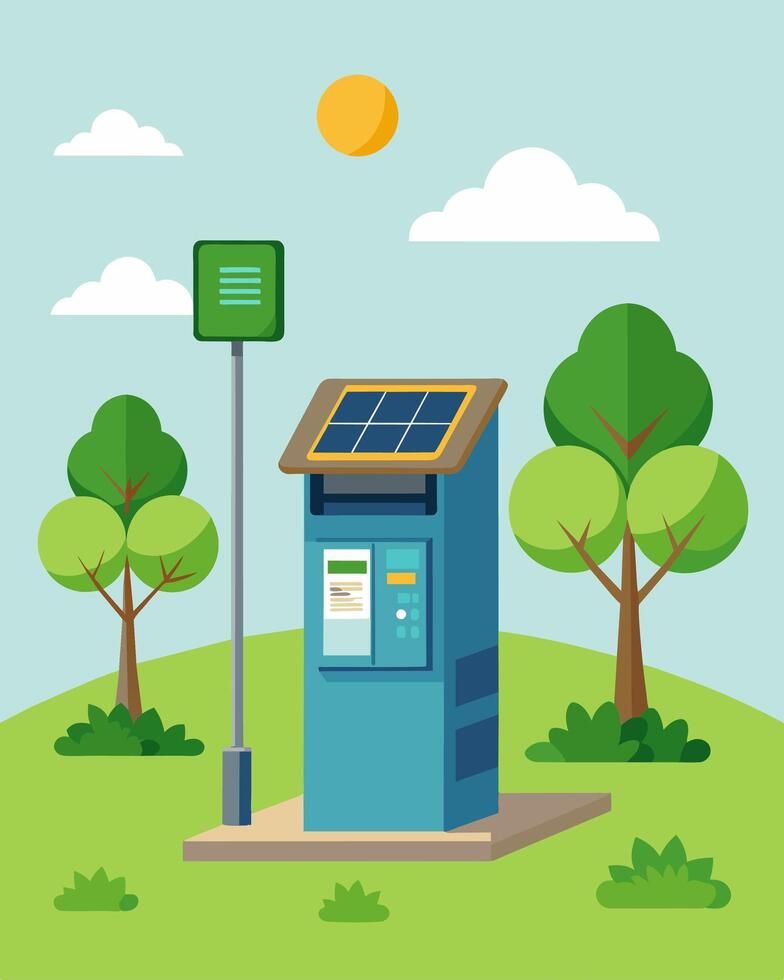 The newly installed solarpowered ATM in the park provided convenience for joggers and picnickers.. illustration. vector