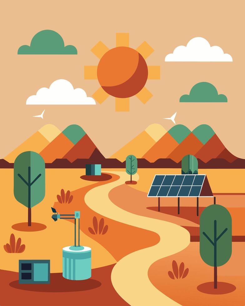 The onceempty desert landscape was transformed into a hub of innovation and clean energy with solar panels stretching out in every direction.. illustration. vector