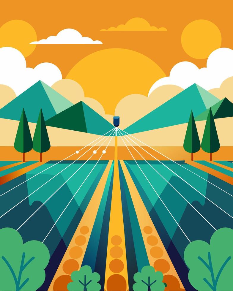 The gentle whir of solarpowered sprinklers can be heard in a serene sunfilled landscape as the system works tirelessly to keep the crops hydrated.. illustration. vector