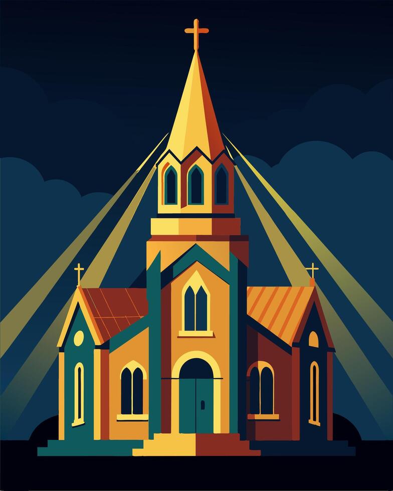 The intricate details of a centuriesold church highlighted by small unobtrusive solar spotlights.. illustration. vector