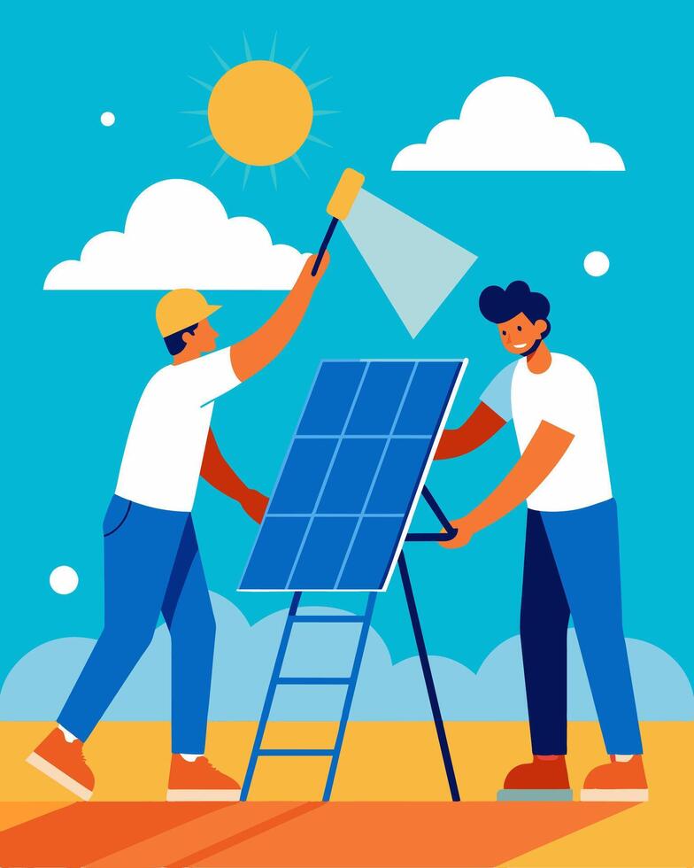 Two men delicately wiping down solar panels with soft cloths as the sun beats down on them.. illustration. vector