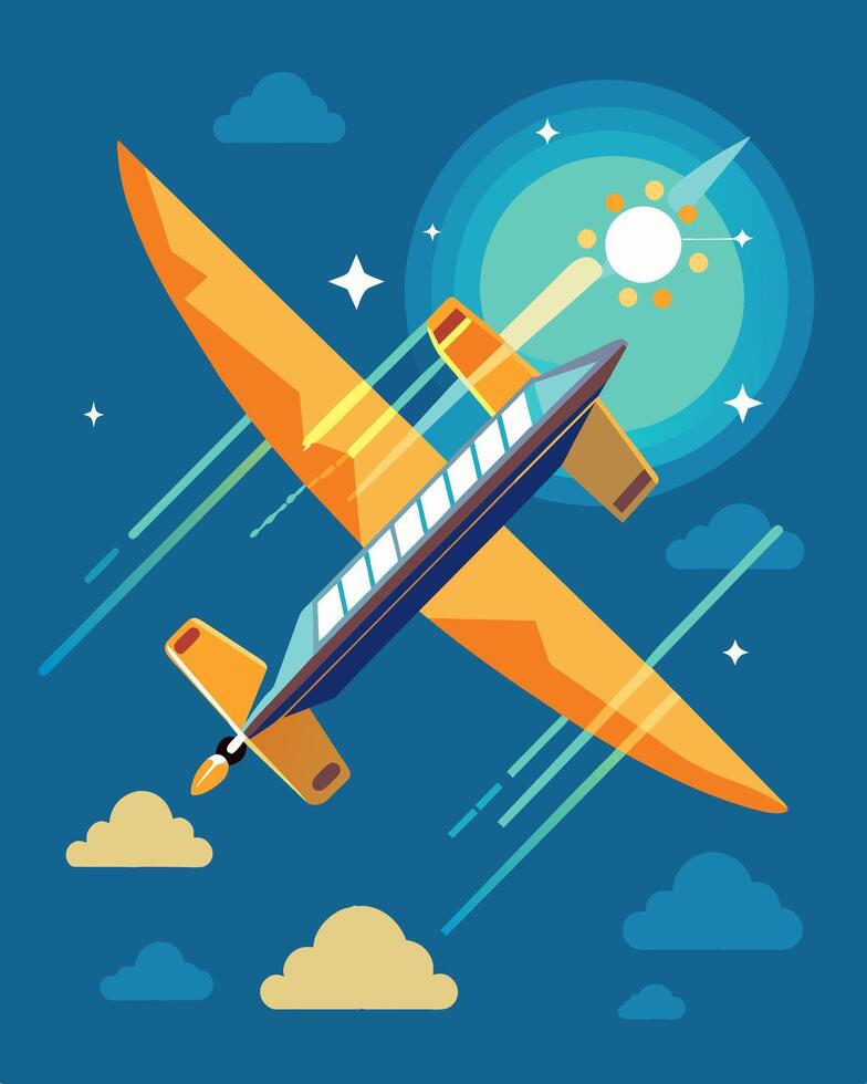 The solarpowered plane gracefully soars through the sky leaving behind a trail of zero emissions.. illustration. vector