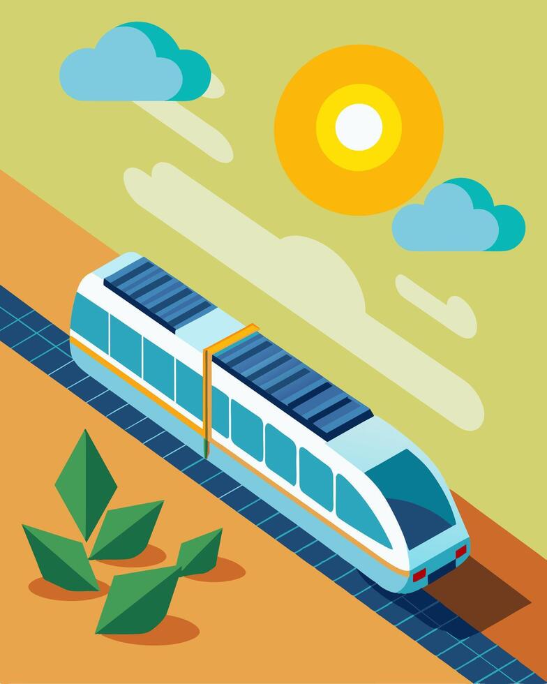 The innovative train travels along the coast its solar panels soaking up the suns energy and powering the train smoothly along the tracks.. illustration. vector