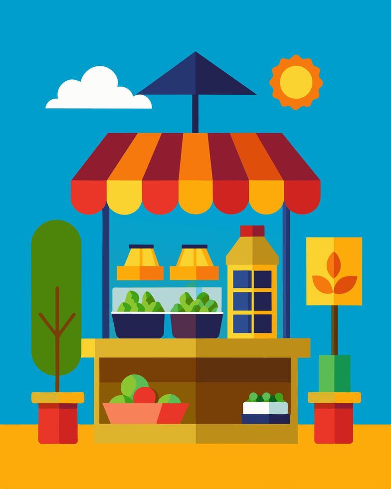The solarpowered market stands out a the traditional street markets not only for its vibrant colors and unique goods but also for its commitment to renewable energy.. illustration. vector