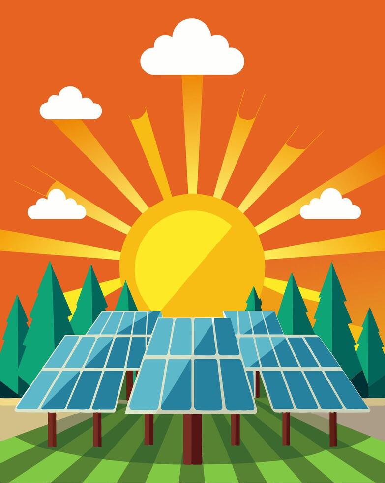 The once empty land was now transformed into a vibrant solar farm its silver panels reflecting the bright rays of sunlight.. illustration. vector