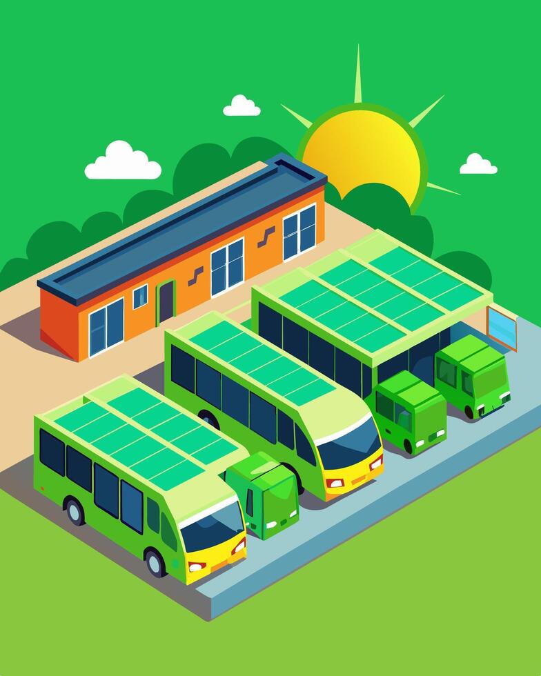 The newly built solarpowered bus depot stands out with its bright green exterior and rows of sleek buses powered entirely by renewable energy.. illustration. vector
