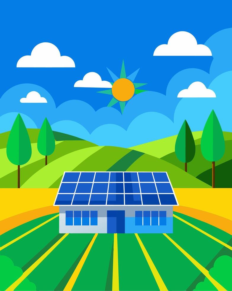 Under the bright blue sky solar panels glisten on the farm creating a vibrant mosaic of green and silver ast the fields.. illustration. vector