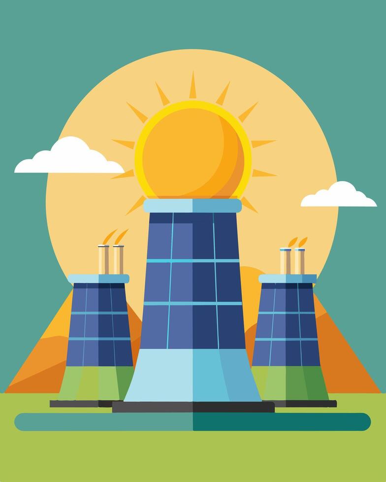 The solarpowered cooling towers are a shining example of how technology can be harnessed for both economic and environmental benefits.. illustration. vector