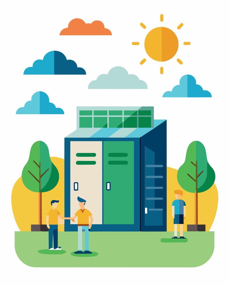 The local community center offering a new amenity solarpowered lockers for residents to use while playing sports or attending events.. illustration. vector