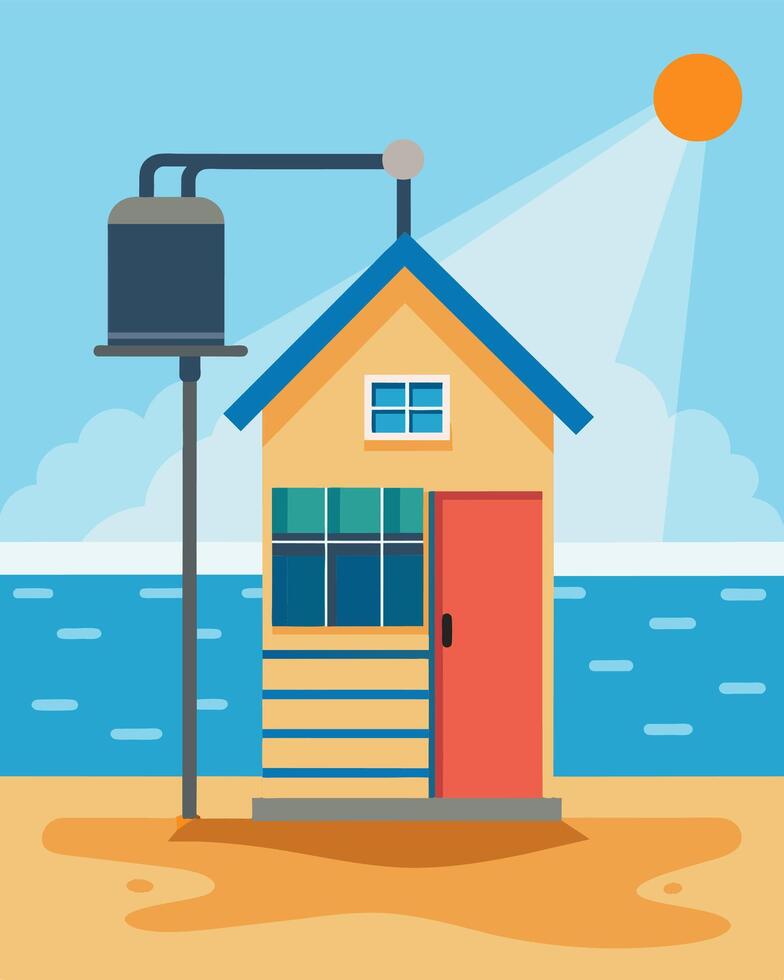 The maintenancefree solar water heating system on a beach house allows its owners to enjoy a warm outdoor shower after a swim in the ocean.. illustration. vector