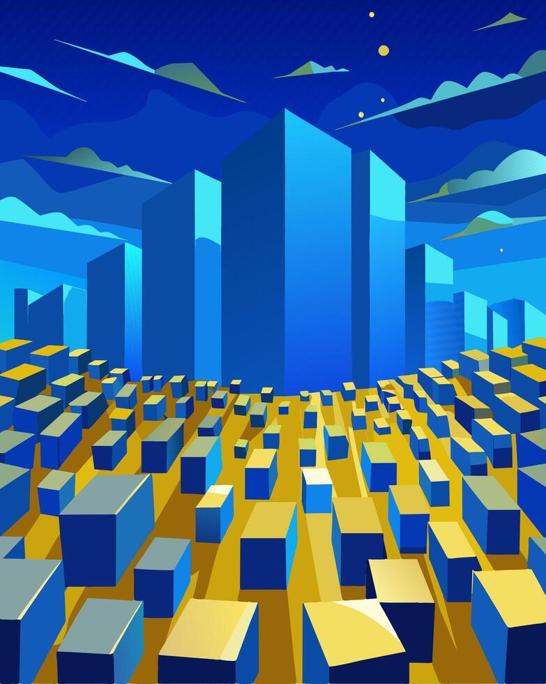 The landscape below is dotted with hundreds of metallic rectangles harnessing the energy of the bright blue sky above.. illustration. vector