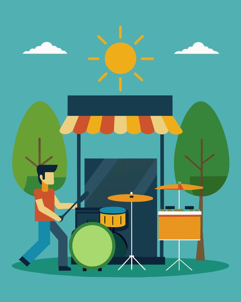 The entrance to a local market is marked by a solarpowered drum set inviting shoppers to join in on a lively and energetic shopping experience.. illustration. vector