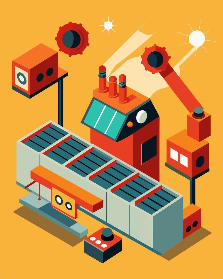 The loud hum of machines fills the room as solar cells are precisely and shaped into their designated sizes.. illustration. vector
