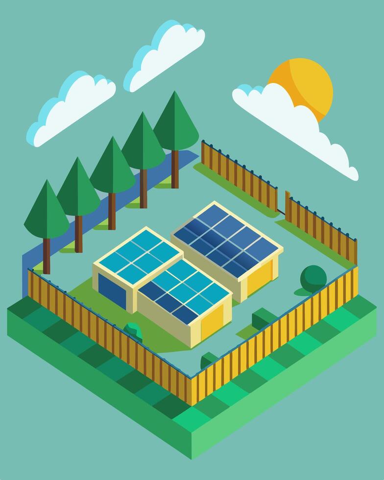 The entire site enclosed by a fencing of solar panels providing not only energy but also security.. illustration. vector