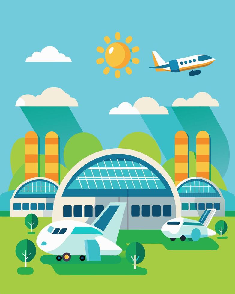 The hangars at this ecofriendly airport are taking off into the future equipped with solar panels to power their operations.. illustration. vector