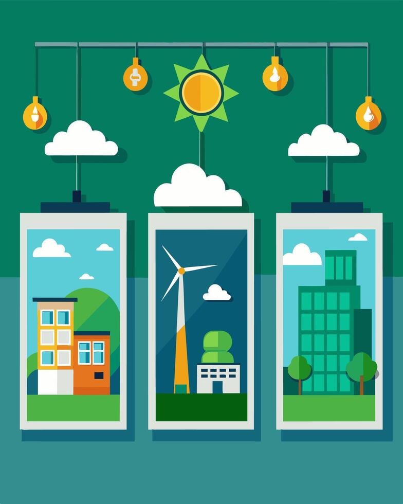 The factorys walls are adorned with posters promoting renewable energy and showcasing the benefits of solar panels.. illustration. vector