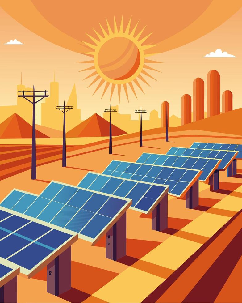 The hot desert air was filled with the hum of electricity as rows upon rows of solar panels basked in the sunlight powering nearby cities.. illustration. vector