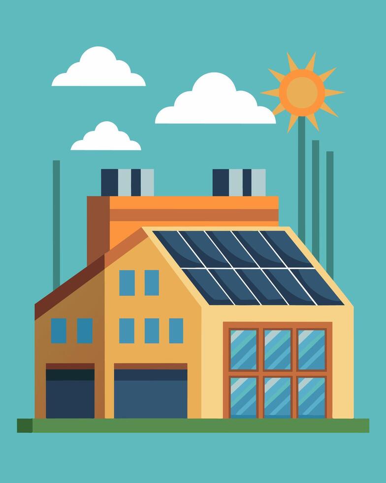 The factory runs on solar power itself with large arrays of panels lining the roof and providing clean energy to operate the machines.. illustration. vector