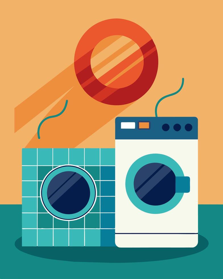 The hum of the washing machines blending seamlessly with the gentle swish of the solarpowered dryer.. illustration. vector