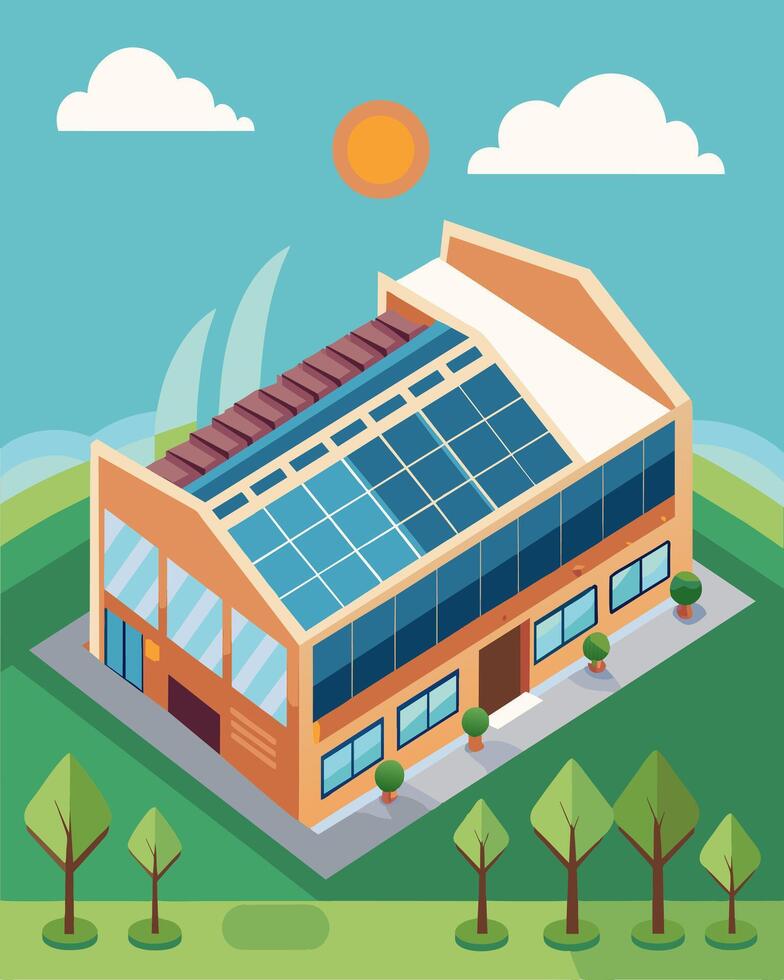The large shopping mall had taken a sustainable turn proudly displaying rows of solar panels on its roof a statement of their commitment to renewable energy.. illustration. vector