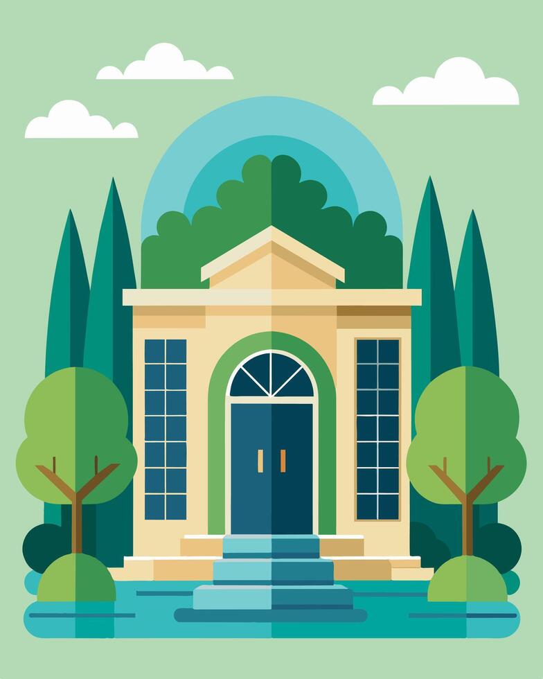 The librarys main entrance adorned with a solarpowered fountain and surrounded by lush greenery creating a tranquil and welcoming atmosphere for visitors.. illustration. vector