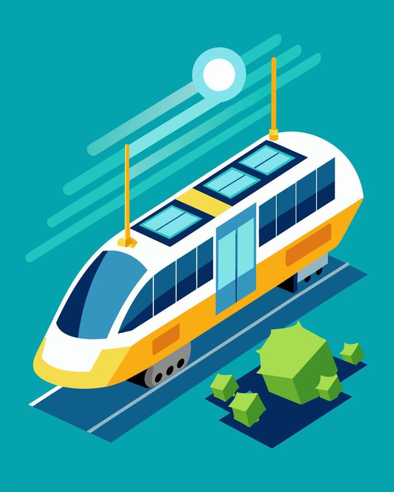 The futuristic train seamlessly blends renewable energy and transportation with its solar panels integrated into the sleek design.. illustration. vector