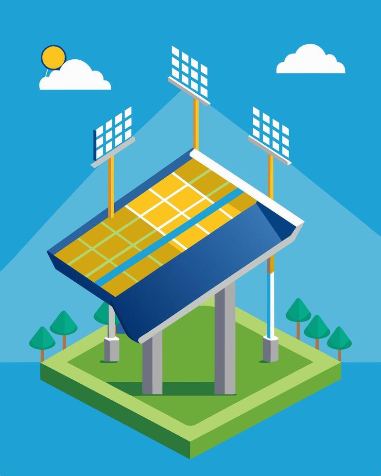 The panels on the stadium not only generate power but also provide shade for spectators creating a more comfortable viewing experience while being environmentally friendly.. vector