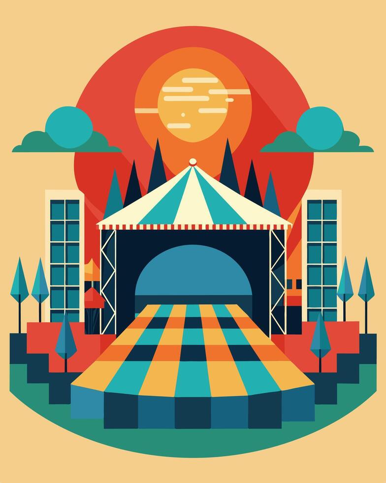 The main stage at a cultural festival is surrounded by a circular canopy of solar panels powering the entire event.. illustration. vector