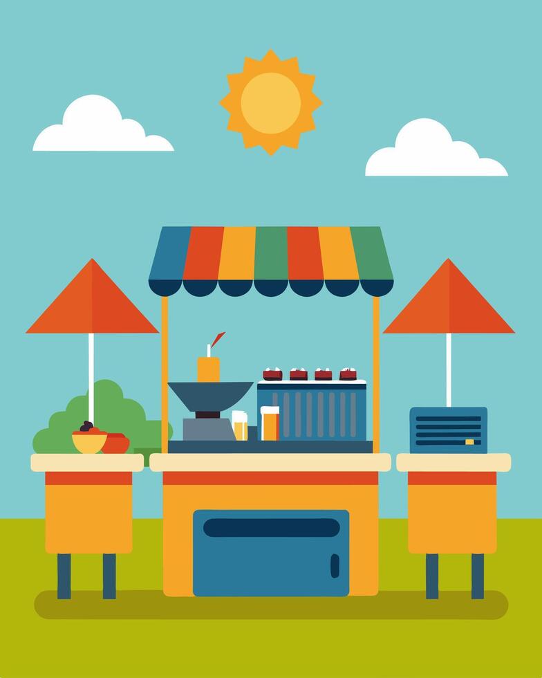 The food stalls at a music festival are equipped with solarpowered grills showcasing the use of clean energy for cooking delicious festival treats.. illustration. vector