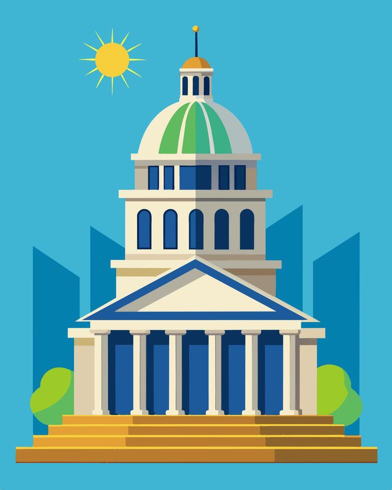 The historic courthouse stood tall and proud its iconic dome now adorned with a set of solar panels a symbol of progress and sustainability.. illustration. vector