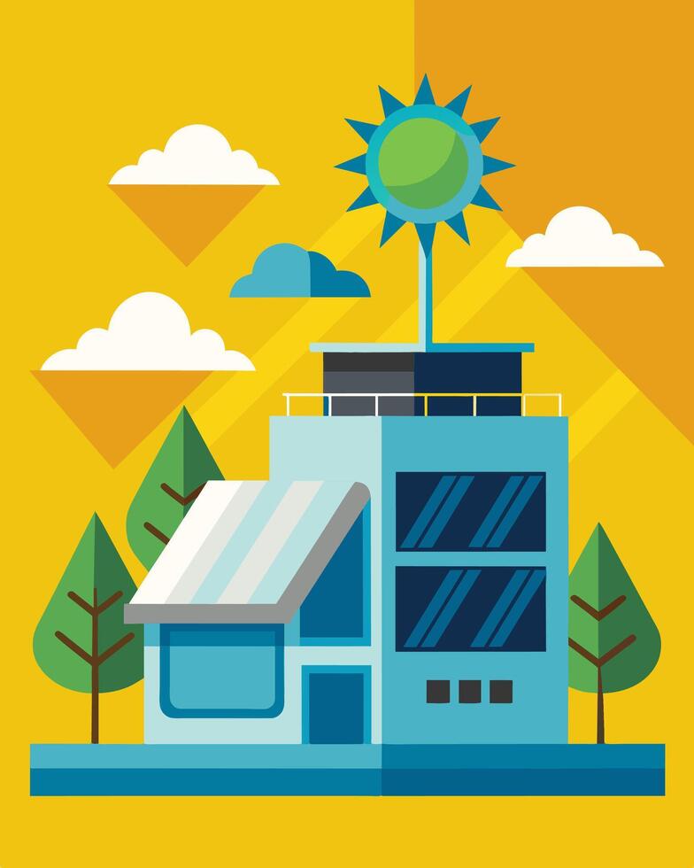 The modern and sleek solarpowered cooling center stands as a symbol of progress and innovation in the community using renewable energy to combat the effects of climate change.. vector