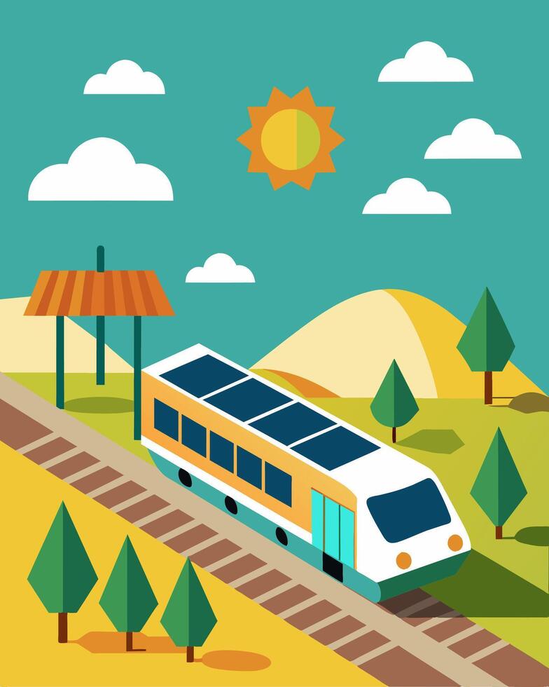 The lack of noise pollution from fossil fuels was a welcome change at the train station where solar panels silently powered the arriving and departing trains.. illustration. vector