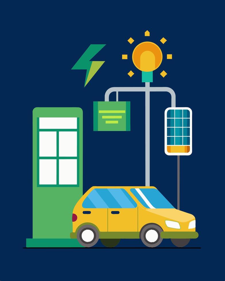 The EV chargers solarpowered batteries can store excess energy enabling electric vehicles to charge even during periods of low sunlight or at night.. illustration. vector