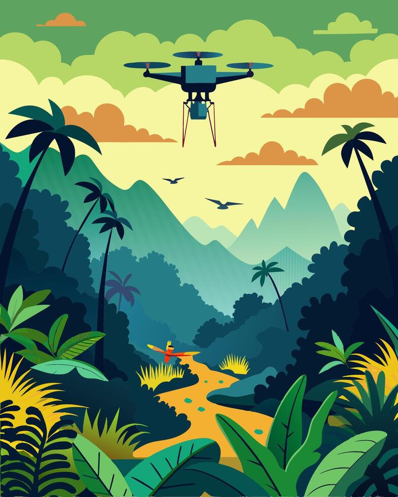 The solarpowered drone buzzed over the lush rainforest silently capturing images of rare and elusive animals.. illustration. vector