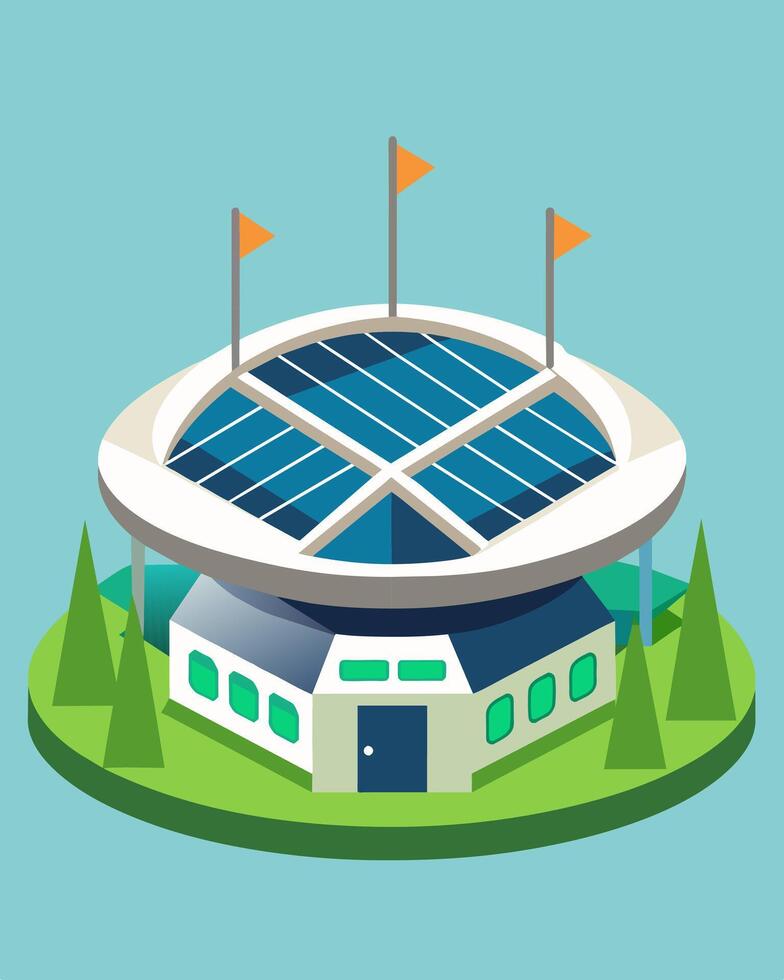 The futuristic design of the stadium is not just for aesthetics but also incorporates energyefficient features including the solar panels that cover its roof.. illustration. vector